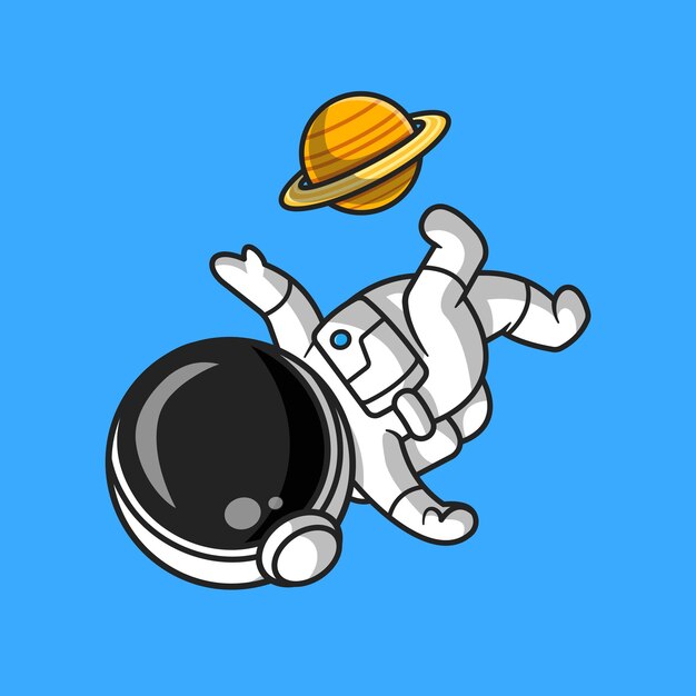 Lindo astronauta jugando fútbol Planet Cartoon Vector icono ilustración. Concepto de icono de ciencia deportiva aislado Vector Premium. Estilo de dibujos animados plana