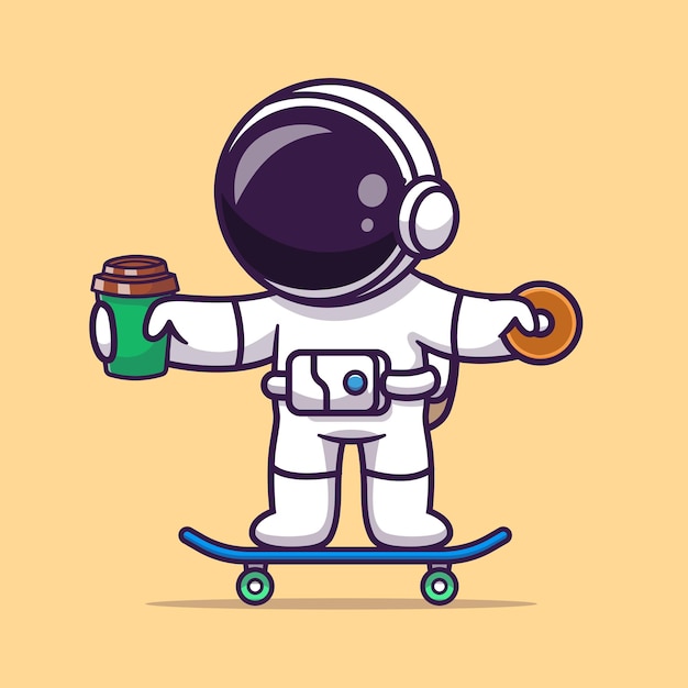 Vector gratuito lindo astronauta jugando patineta con taza de café y donut cartoon vector icono ilustración. plano