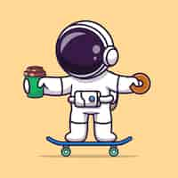 Vector gratuito lindo astronauta jugando patineta con taza de café y donut cartoon vector icono ilustración. plano