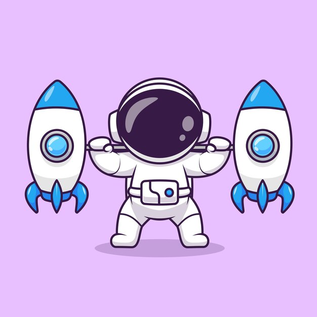 Lindo astronauta levantando cohete Barbell dibujos animados Vector icono ilustración ciencia deporte aislado plano