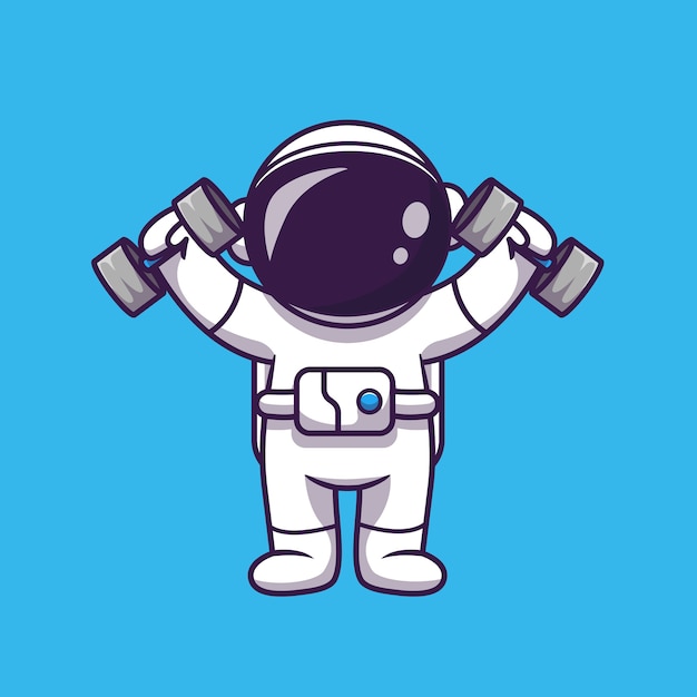 Lindo astronauta levantando la ilustración del icono de dibujos animados con mancuernas. Concepto de icono de deporte de ciencia aislado. Estilo de dibujos animados plana