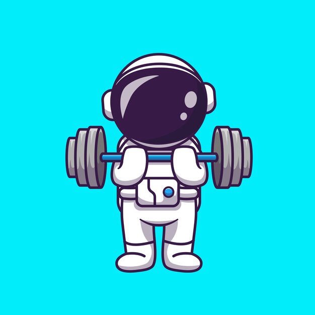 Lindo astronauta levantando la ilustración del icono de dibujos animados con mancuernas. Concepto de icono de deporte de ciencia aislado. Estilo de dibujos animados plana