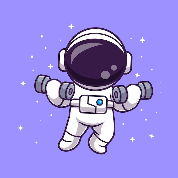 Lindo astronauta levantando mancuernas en el espacio de dibujos animados Vector icono ilustración. ciencia deporte aislado