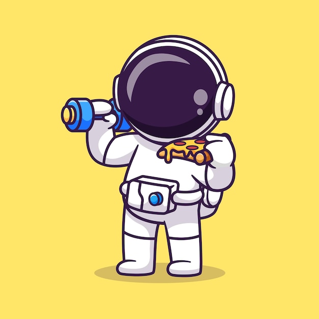 Lindo astronauta levantando mancuernas y pizza rebanada cartoon vector icono ilustración. icono de deporte de ciencia