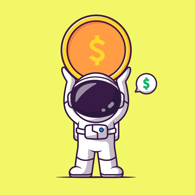 Lindo astronauta levantando moneda de oro dinero dibujos animados Vector icono ilustración ciencia finanzas aislado