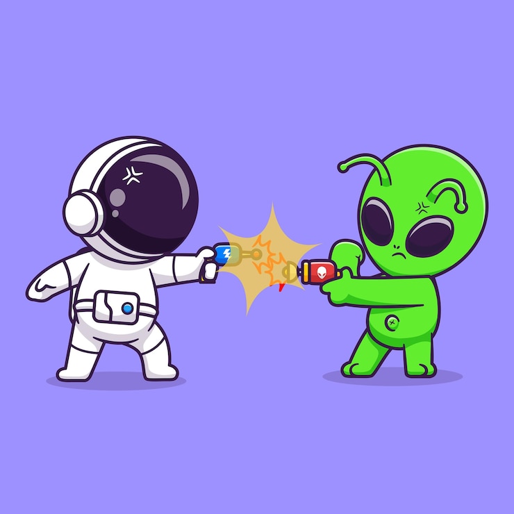 Vector gratuito lindo astronauta y lindo alienígena jugando con pistola espacial dibujos animados vector icono ilustración ciencia techno