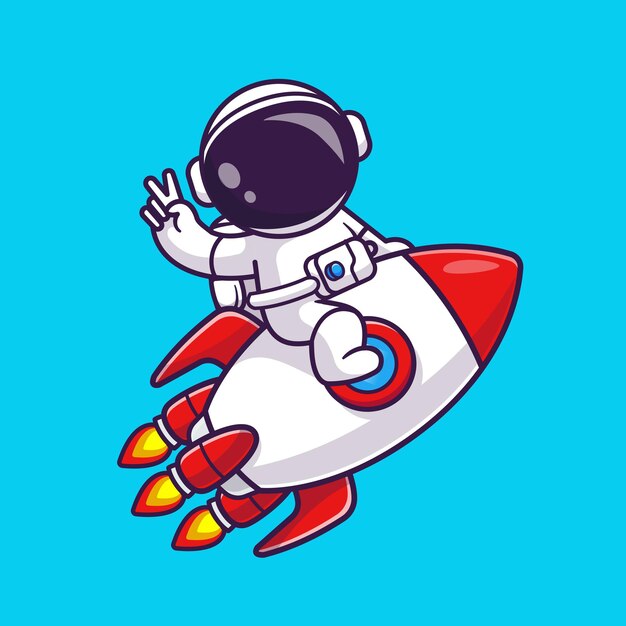 Lindo astronauta montando cohete con mano de paz en la ilustración de icono de vector de dibujos animados de espacio. ciencia tecnología