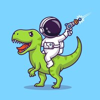 Vector gratuito lindo astronauta montando dinosaurio con ilustración de icono de vector de dibujos animados de pistola espacial. icono de animales de ciencia