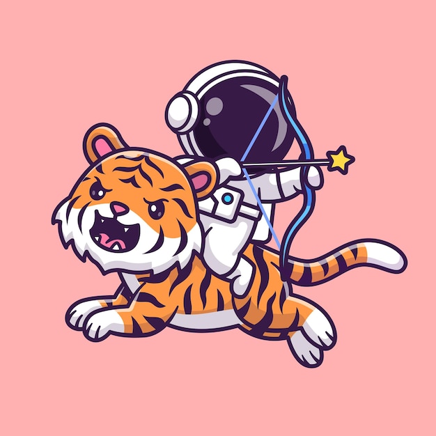 Lindo astronauta montando tigre con ilustración de icono de vector de dibujos animados de tiro con arco. ciencia animal aislado