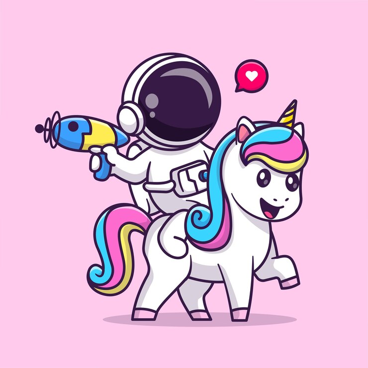 Vector gratuito lindo astronauta montando unicornio con ilustración de icono de vector de dibujos animados de pistola espacial. icono de animales de ciencia