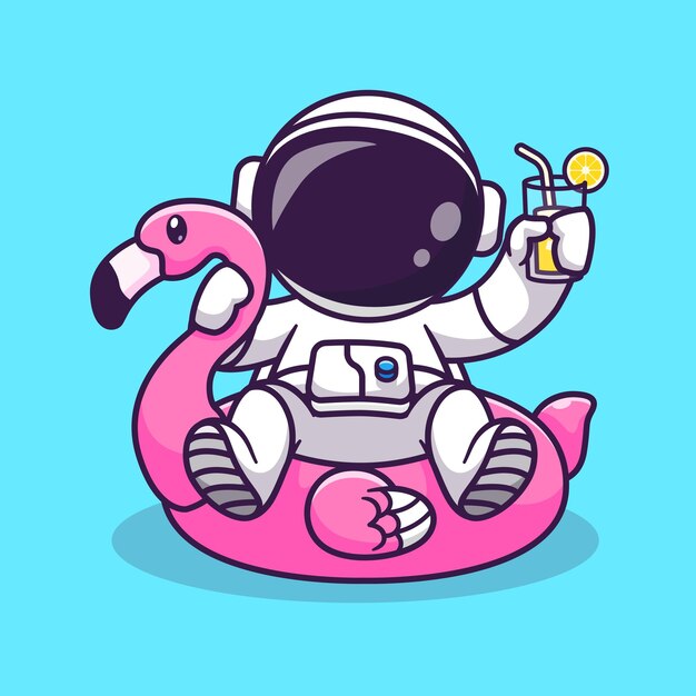 Lindo astronauta en neumáticos de natación Flamingo y jugo de naranja Dibujos animados Vector Icono Ilustración Ciencia