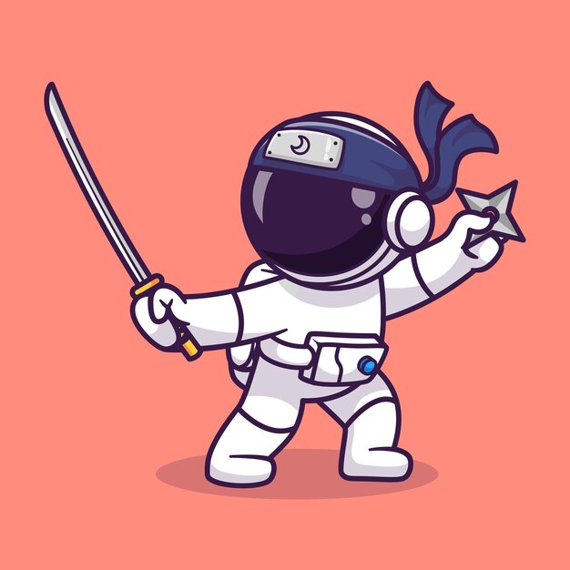Lindo Astronauta Ninja Sosteniendo Espada Y Shuriken Dibujos Animados Vector Icono Ilustración Ciencia Tecnología