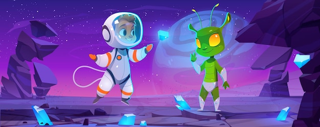 Lindo astronauta y personajes extraterrestres en el planeta por la noche. Paisaje de dibujos animados de vector con rocas, cristales azules, estrellas en el cielo, niño astronauta en traje espacial y extraterrestre verde