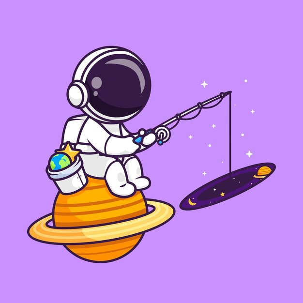 Lindo astronauta pesca espacio en el planeta dibujos animados Vector icono ilustración ciencia tecnología aislada
