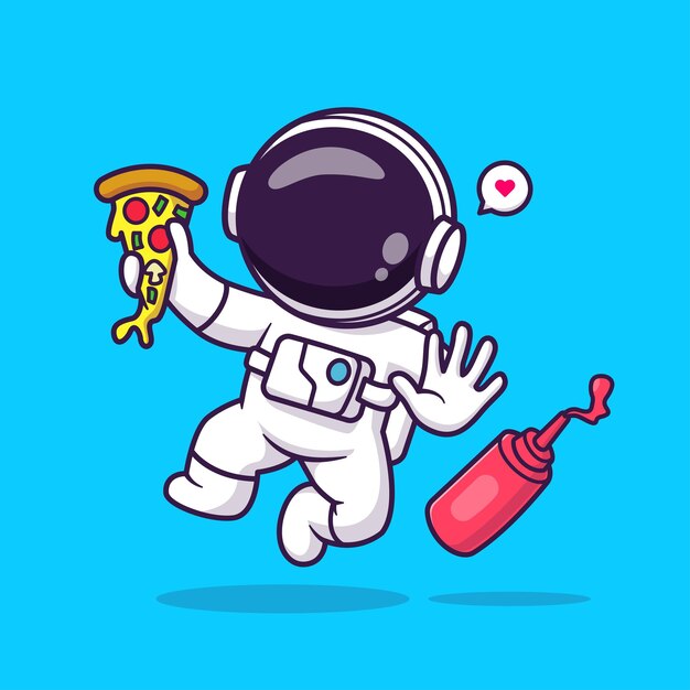 Lindo astronauta con pizza y salsa de chile Dibujos animados Vector Icono Ilustración Ciencia Comida aislada
