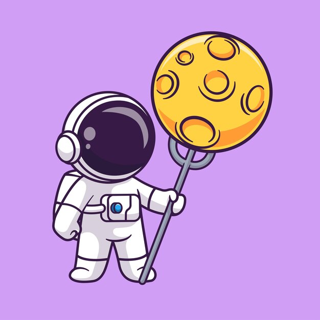 Lindo astronauta poke luna con tenedor dibujos animados vector icono ilustración. ciencia, tecnología, aislado