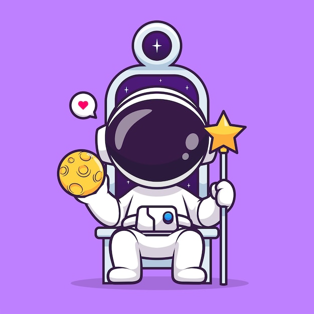 Lindo Astronauta Rey Sosteniendo Luna Y Estrella En Trono Dibujos Animados Vector Icono Ilustración Ciencia Techno