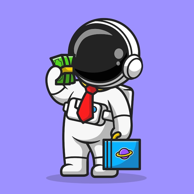 Lindo astronauta rico con ilustración de icono de Vector de dibujos animados de dinero. Concepto de icono de negocio de ciencia aislado Vector Premium. Estilo de dibujos animados plana