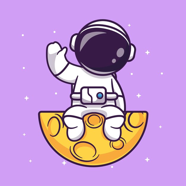 Lindo astronauta sentado y agitando la mano en la luna Dibujos animados Vector Icono Ilustración Ciencia Tecnología