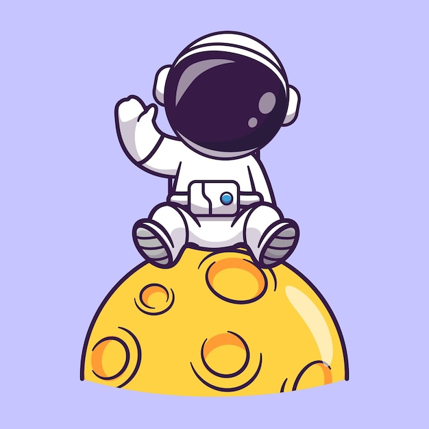 Vector gratuito lindo astronauta sentado en la luna y agitando la mano cartoon vector icon illustration. tecnología científica