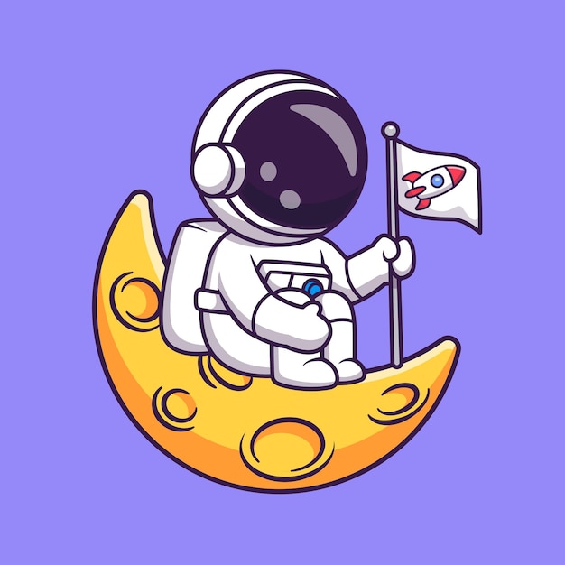 Vector gratuito lindo astronauta sentado en la luna con bandera cohete dibujos animados vector icono ilustración ciencia tecnología