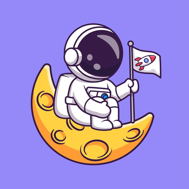 Lindo astronauta sentado en la luna con bandera cohete dibujos animados Vector icono ilustración ciencia tecnología