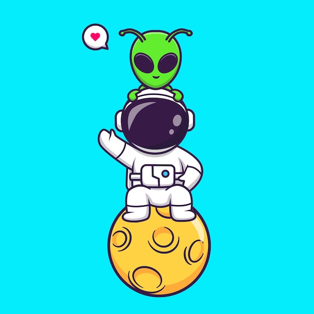 Vector gratuito lindo astronauta sentado en la luna con dibujos animados alienígenas vector icono ilustración ciencia tecnología icono