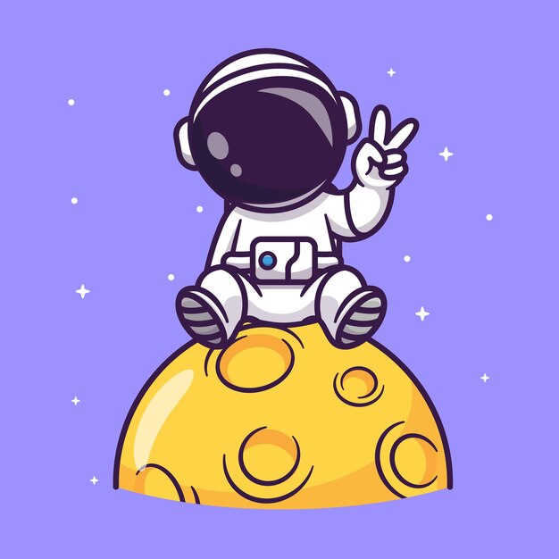 Lindo Astronauta Sentado Y Mano De La Paz En La Luna Dibujos Animados Vector Icono Ilustración Ciencia Tecnología