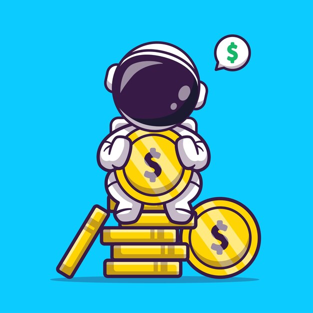 Lindo astronauta sentado en moneda de oro Cartoon Vector icono ilustración ciencia negocio icono aislado