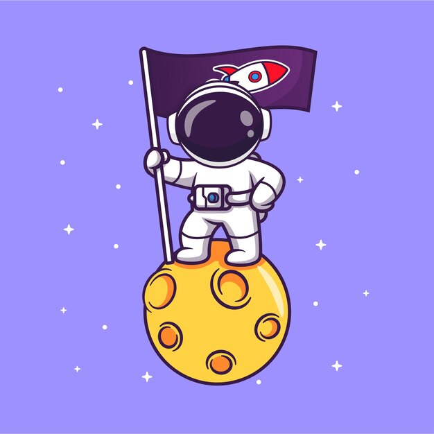 Lindo astronauta sosteniendo la bandera de cohetes en la luna en el espacio Dibujos animados Vector Icono Ilustración Ciencia Techno