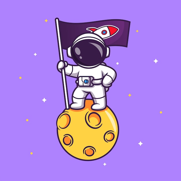 Lindo astronauta sosteniendo la bandera de cohetes en el planeta en el espacio Ilustración de icono de vector de dibujos animados. ciencia tecnología