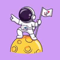 Vector gratuito lindo astronauta sosteniendo la bandera en la luna dibujos animados vector icono ilustración ciencia tecnología icono concepto aislado premium vector. estilo de dibujos animados plana