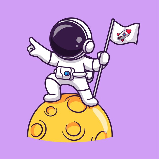 Lindo astronauta sosteniendo la bandera en la luna Dibujos animados Vector Icono Ilustración Ciencia Tecnología Icono Concepto aislado Premium Vector. Estilo de dibujos animados plana