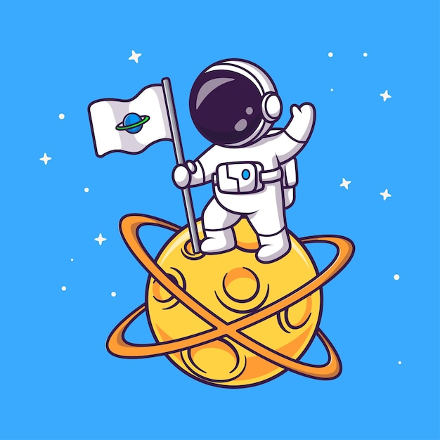Lindo astronauta sosteniendo la bandera del planeta en la ilustración del icono del vector de dibujos animados de la luna. Icono de la tecnología de la ciencia