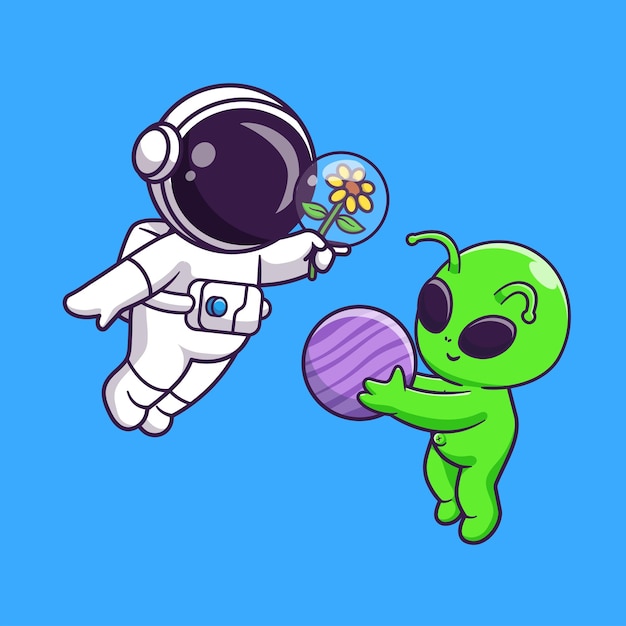 Lindo Astronauta Sosteniendo Flor Y Alien Sosteniendo Planeta Dibujos Animados Vector Icono Ilustración Ciencia Tecnología