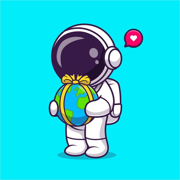 Lindo astronauta sosteniendo globo terráqueo regalo dibujos animados Vector icono ilustración ciencia vacaciones aislado