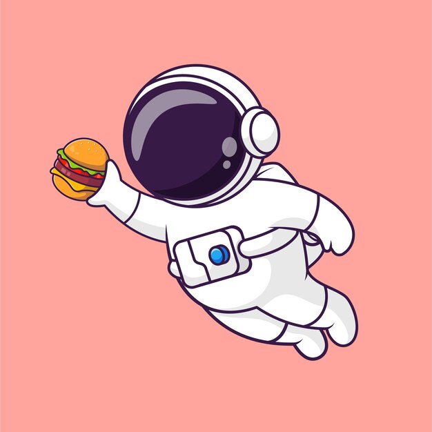 El lindo astronauta sosteniendo una hamburguesa icono vectorial de dibujos animados ilustración ciencia icono de comida aislado plano