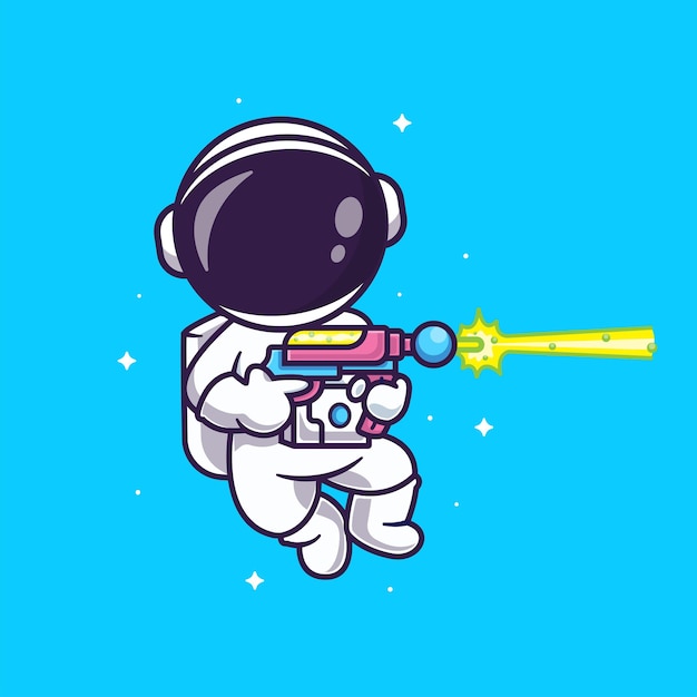 Vector gratuito lindo astronauta sosteniendo la ilustración del icono del vector de dibujos animados de la pistola espacial. ciencia, tecnología, aislado, plano