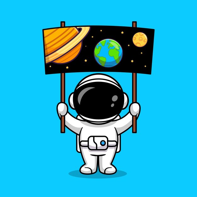 Lindo astronauta sosteniendo la ilustración del icono del vector de dibujos animados del tablero espacial. Concepto de icono de tecnología de ciencia