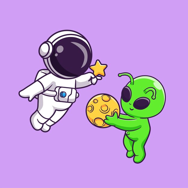 Lindo astronauta sosteniendo la luna y el alienígena sosteniendo el globo terráqueo Dibujos animados Vector Icono Ilustración Ciencia