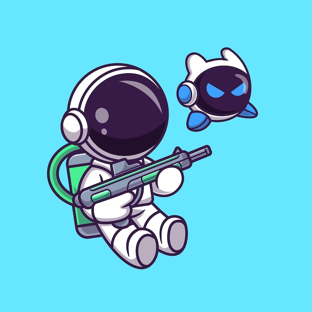 Lindo astronauta sosteniendo pistola espacial con robot dibujos animados vector icono ilustración ciencia tecnología