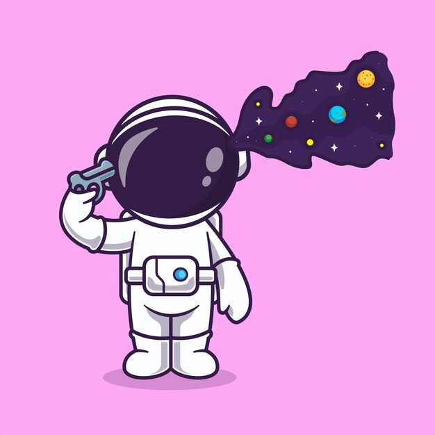 Vector gratuito lindo astronauta sosteniendo pistola con ilustración de icono de vector de dibujos animados de espacio. icono de la tecnología de la ciencia