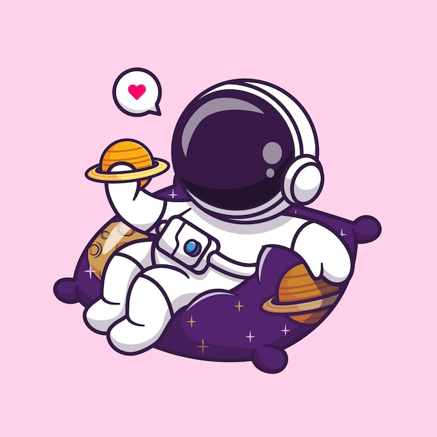 Lindo astronauta sosteniendo el planeta en la almohada espacial Dibujos animados Vector Icono Ilustración Ciencia Techno