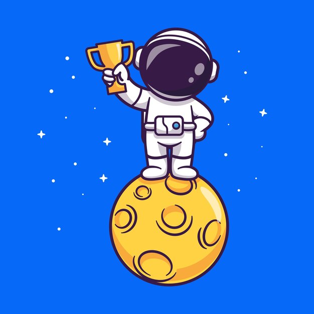 Lindo astronauta sosteniendo trofeo en la luna en la ilustración de icono de vector de dibujos animados de espacio. ciencia deporte