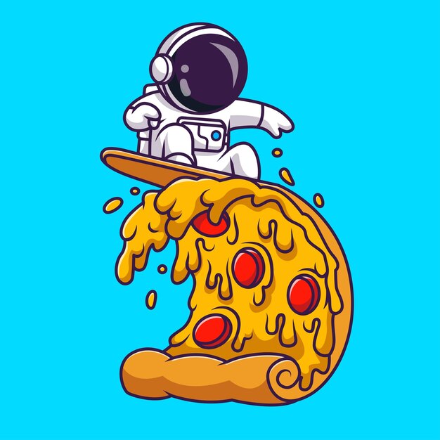 Lindo astronauta surfeando en Pizza Wave Cartoon Vector Icon Illustration. Icono de alimentos de ciencia aislado
