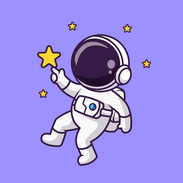 Lindo astronauta tocando la estrella en la ilustración del icono del vector de dibujos animados del espacio. ciencia, tecnología, aislado