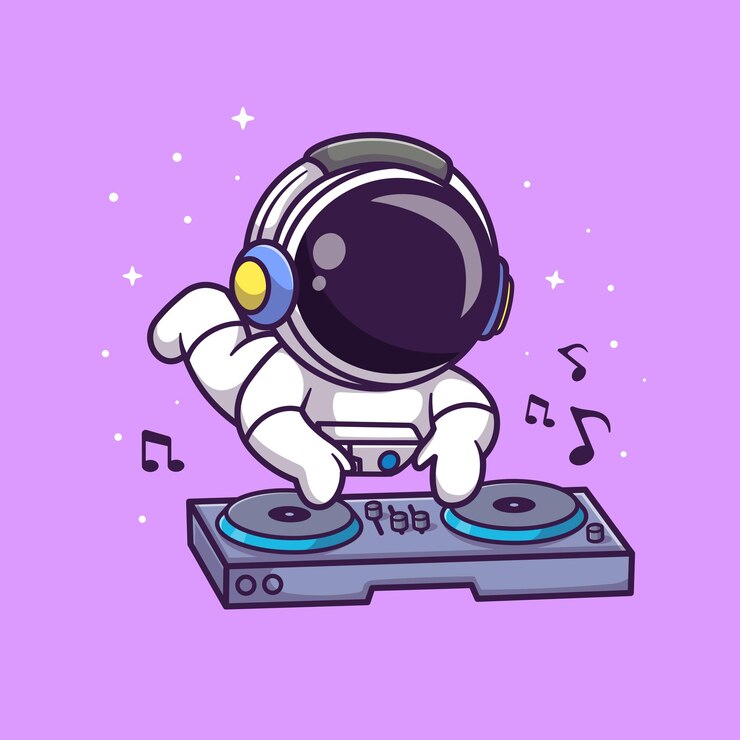 Vector gratuito lindo astronauta tocando música electrónica dj con auriculares en el espacio dibujos animados vector icono ilustración
