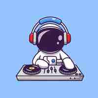 Vector gratuito lindo astronauta tocando música electrónica de dj con ilustración de icono de dibujos animados de auriculares. concepto de icono de tecnología de ciencia