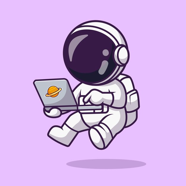Lindo astronauta trabajando en la computadora portátil en la ilustración del icono del vector de dibujos animados del espacio. Icono de la tecnología de la ciencia