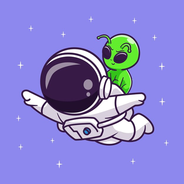 Lindo astronauta volando con alienígena en la ilustración de icono de vector de dibujos animados de espacio. Icono de la tecnología de la ciencia